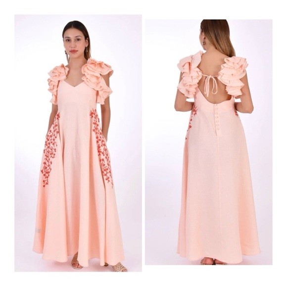 Fanm Mon Peach Floral Maxi Dress with Ruffle Sleeves - Picture 1 of 16